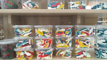 Colorful sweets candies displayed at a food market