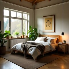 Obraz premium A cozy and inviting bedroom with a large bed, wooden furniture, and various artwork. The room has large windows that let in natural light