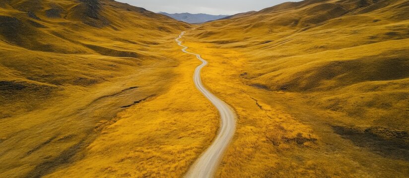 Endless winding road through golden grasslands with hills inviting travelers on an unforgettable journey through breathtaking landscapes.