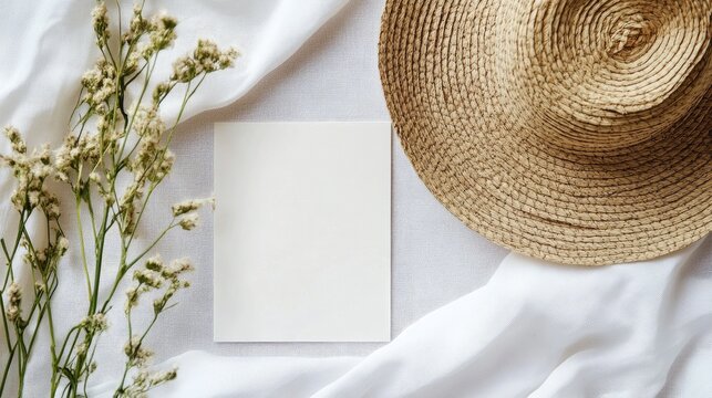 Minimalistic 5x5 card mockup featuring a straw hat and wildflowers on a textured fabric background for creative designs and presentations