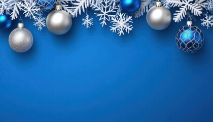 Festive blue background with silver and blue ornaments, complemented by white snowflakes, perfect for holiday themes.