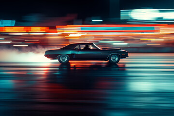 Fototapeta premium Muscle car engage in thrilling drag race at night with intense motion blur and vibrant lights enhancing excitement capturing essence of high octane racing under night sky