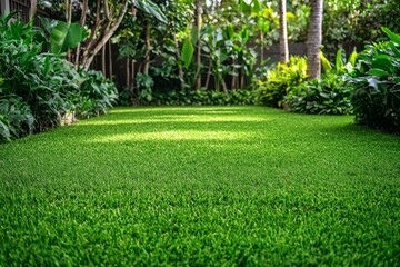 A soft-focus background of garden trees bathed in sunlight.