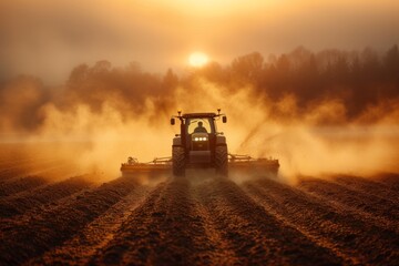 Fototapeta premium Combine harvester plowing field at sunrise, with golden light illuminating rising from the soil