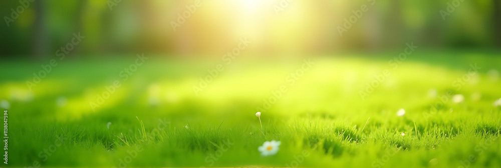 Aufkleber Green grass lawn garden with blurred bokeh effect creates a serene spring morning atmosphere in a natural and peaceful setting._00002_