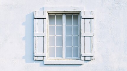 Fototapeta premium Vintage white wooden shutter window offering charming architectural and decorative appeal for design visuals and inspiration.