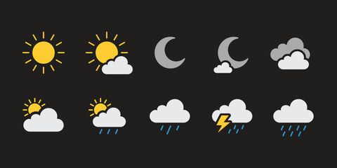 Obraz premium Forecast Sun, Rain, Cloudy and Moon weather icon vector set