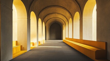 Fototapeta premium Aisle with illuminated arches and yellow seating in serene church corridor showcasing modern architectural design and tranquility