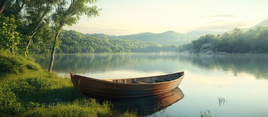 Tranquil lakeside scene with a wooden boat surrounded by lush greenery and rolling hills under a clear sky evoking peace and exploration