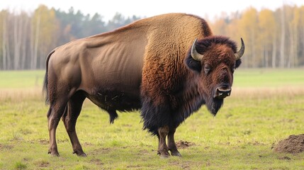 Bison standing majestically in a vast open field surrounded by a lush green landscape and autumn foliage in the background