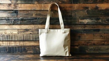 A plain beige tote bag is displayed against a rustic wooden backdrop, perfect for showcasing branding or product designs.