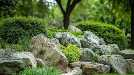 Natural rock formations surrounded by lush greenery in a serene park landscape ideal for outdoor and nature-themed designs.
