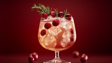 A photo of a Moscato spritz cocktail with ice, cranberry, and rosemary garnish in a glass on a dark red background. 