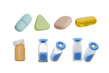 Medicine pills, capsule, glass bottle, container 3D vector icons set, drug tablets, medication treatment, pharmaceutical