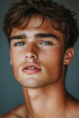 Obraz premium Young man with striking blue eyes and tousled hair poses against a neutral background capturing natural beauty and charm in vibrant lighting