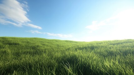 Fototapeta premium Lush green grassy landscape under a clear blue sky with gentle sunlight creating a serene and tranquil outdoor atmosphere.