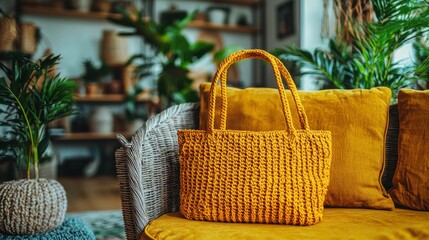 A vibrant orange crochet bag is placed on a yellow sofa in a well-decorated living room, surrounded by green plants and a cozy aesthetic.