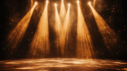 Golden stage spotlights casting beams of warm light with sparkling particles and dramatic reflections on an empty wooden floor