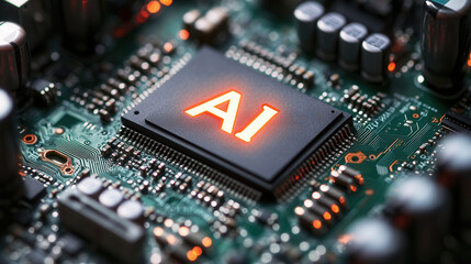 AI chip on a circuit board illuminated with bright red light, showcasing modern technology and innovation in artificial intelligence