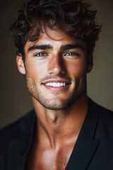 Fototapeta premium Portrait of a young man with tousled hair and a bright smile showcasing confidence and charm in a softly lit indoor setting