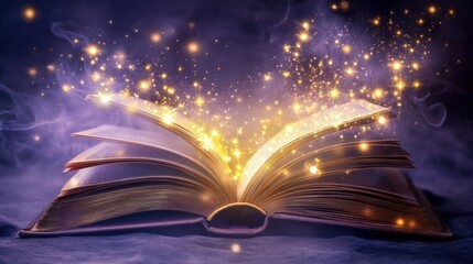 An enchanting open book with shimmering magic particles illuminating the dark backdrop, evoking a sense of wonder.