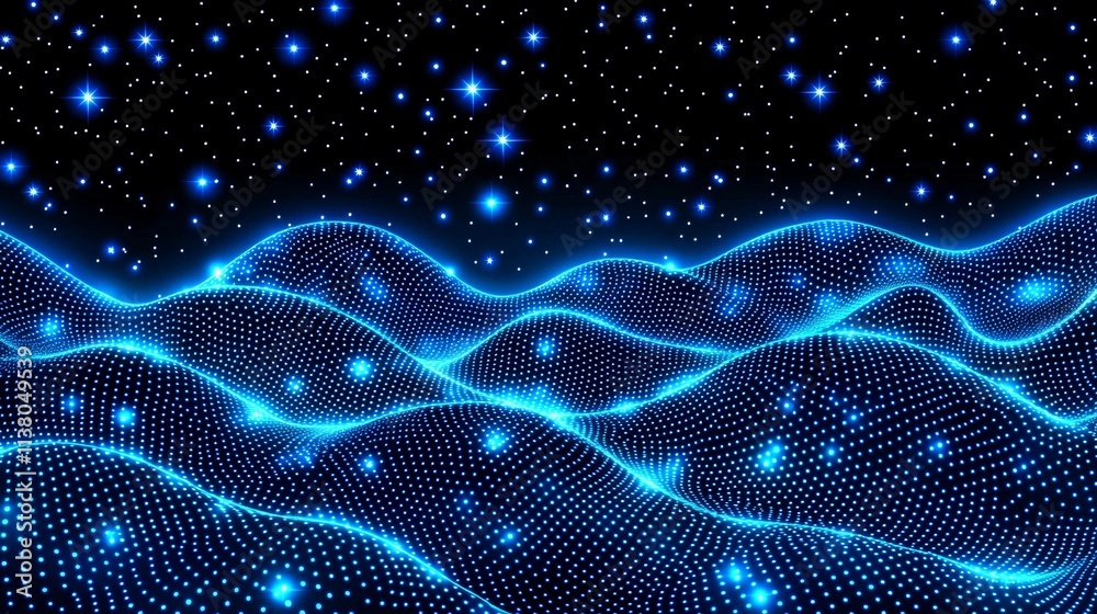 Poster a blue-themed abstract background with a low poly wave design made of connecting dots and lines. han
