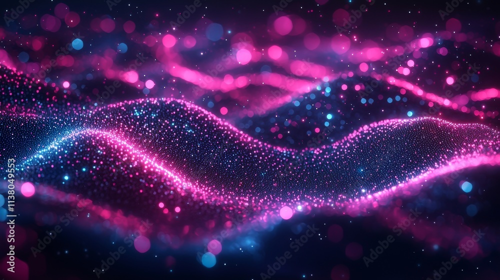 Poster mimicking an abstract wave on a dark background. particle-based network design. big data. an abstrac