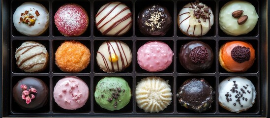 Delicious assortment of gourmet donuts showcasing vibrant colors and tempting flavors in an elegant display box