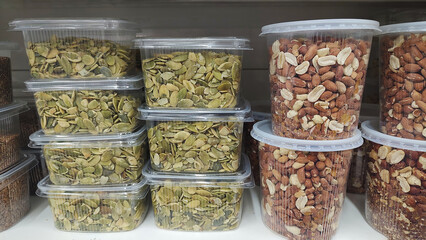 Dried fruits and nuts displayed at the grocery store