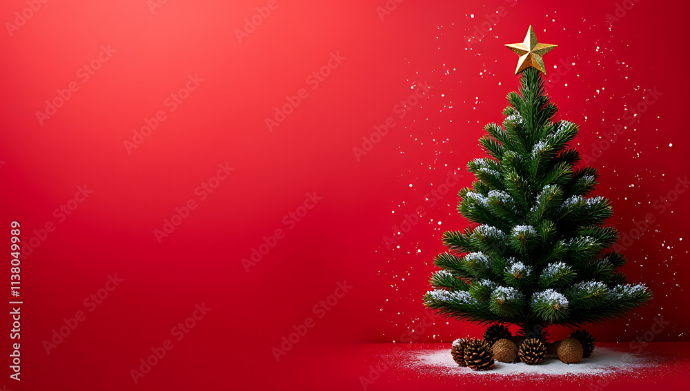 Poster fir tree christmas ornament features pine cone snow on a red background ideal for winter concepts an