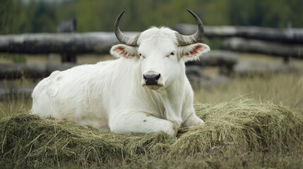 Fototapeta premium Albino buffalo resting on green haystack in a serene rural setting with lush greenery and wooden fence in the background.