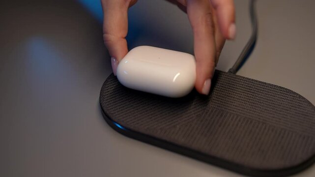Close-up hands of unrecognizable woman placing white wireless earphone case on charging pad at table in dark room. Concept of wireless charging technology. Shooting in slow motion.