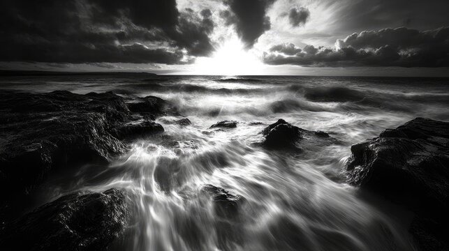 Black and white seascape captured with pinhole camera showcasing dynamic waves and dramatic clouds at sunset over rocky shoreline