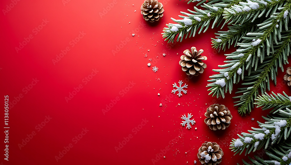 Poster fir tree christmas ornament features pine cone snow on a red background ideal for winter concepts an