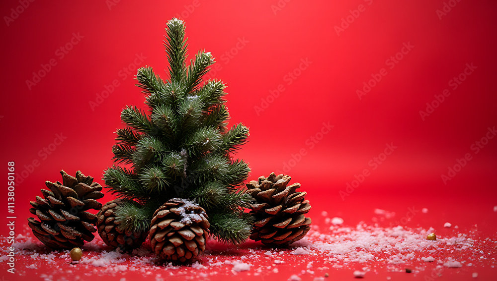 Poster fir tree christmas ornament features pine cone snow on a red background ideal for winter concepts an