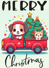 Kawaii style card features a dog and cat joyfully delivering a tree for Christmas celebrations