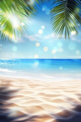 A serene beach scene with gentle waves, soft sand, and lush palm leaves under a bright blue sky.