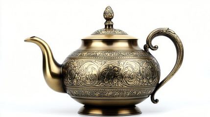A golden-bronze antique style teapot with hammered metal texture, ornate Victorian engravings and patterns, slightly aged appearance, intricate curves and classic design, gleaming highlights, against 