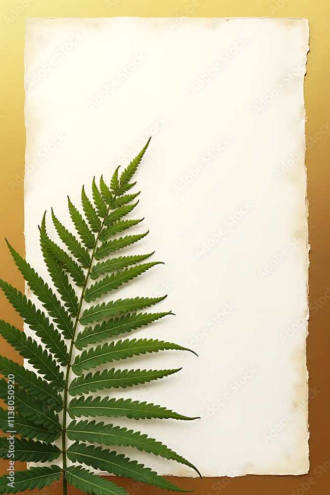 Poster exotic fern leaf abstracted against a gold background with white copy space providing clean simplici