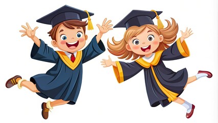 Smiling graduates leap joyfully, celebrating academic achievement.