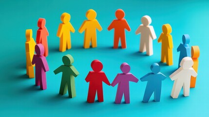 Colorful figures in a circle representing unity, teamwork, and diversity in a playful and vibrant manner.