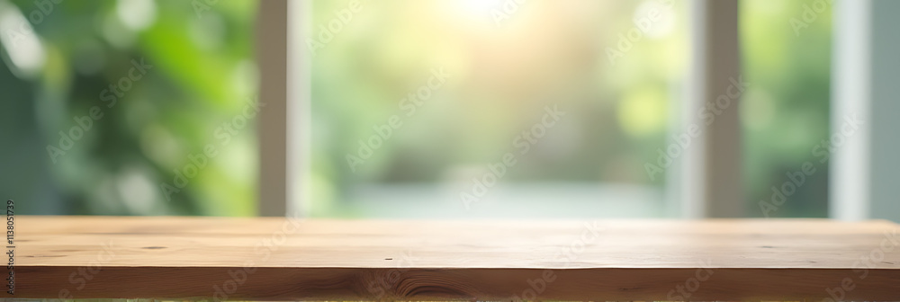 Poster Empty wood table top on blurred abstract window glass background, a selective focus creating a sense of minimalism and simplicity._00003_