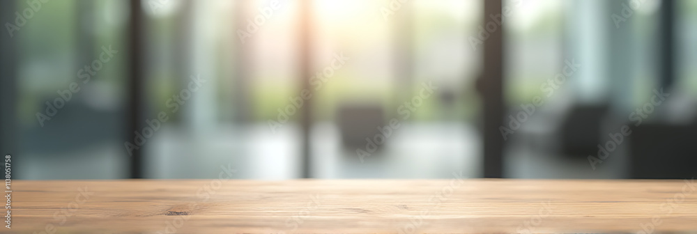 Poster Empty wood table top on blurred abstract window glass background, a selective focus creating a sense of minimalism and simplicity._00002_