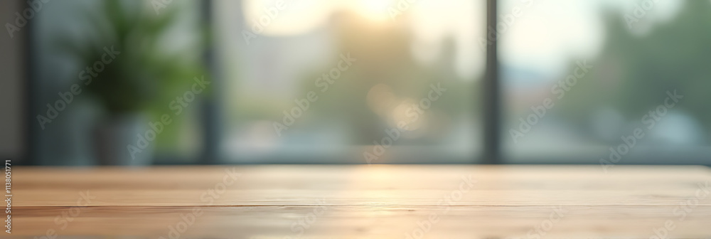 Aufkleber Empty wood table top on blurred abstract window glass background, a selective focus creating a sense of minimalism and simplicity._00001_