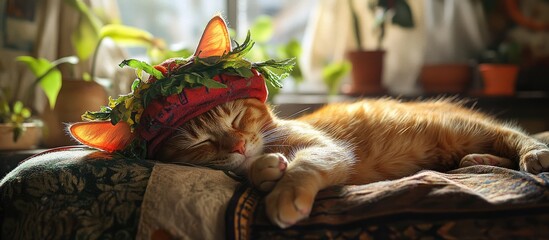 Obraz premium Relaxed cat wearing a humorous hat resting peacefully at home surrounded by indoor plants and warm sunlight.