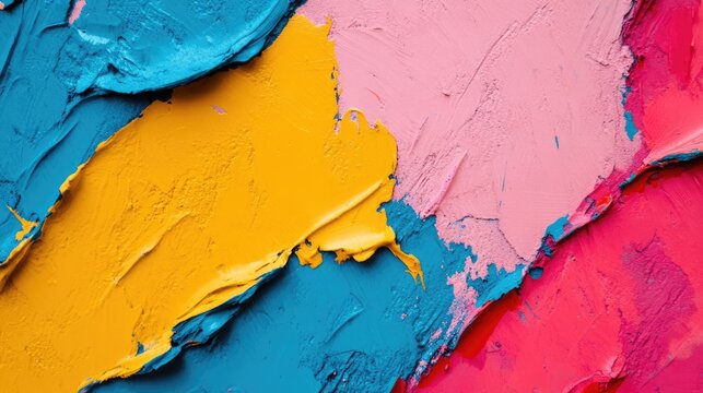 Abstract textured background of vibrant painted concrete in bold colors of blue, pink, yellow and orange for artistic and creative designs.