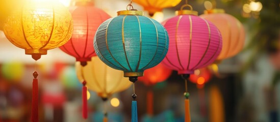 Colorful Asian lanterns illuminated during festival celebrations, creating a vibrant and festive...