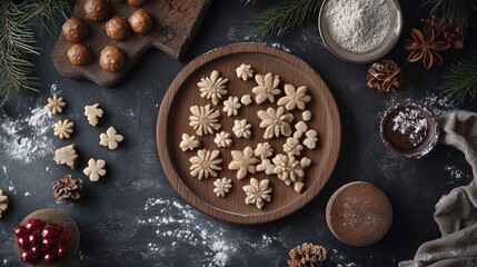 Fototapeta premium Festive Homemade Gingerbread Cookies and Confectionery Decorations on Table Flat Lay with Bakery Ingredients and Winter Holiday Themes