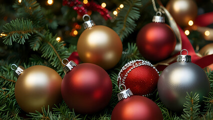 Obraz premium A festive arrangement of colorful Christmas balls in shades of red, green, and silver, surrounded by greenery and soft golden lights.