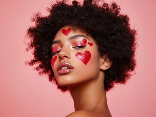 Obraz premium Stunning Artistic Valentines Day Makeup with Heart Motifs on Dark-Skinned Woman, Fashion Portrait